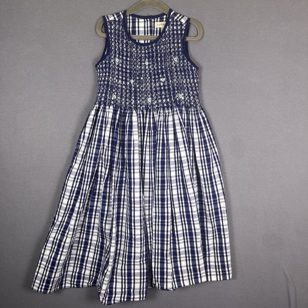 VTG Copper Girls 5 Smocked Plaid Blue  Sleeveless Dress Party